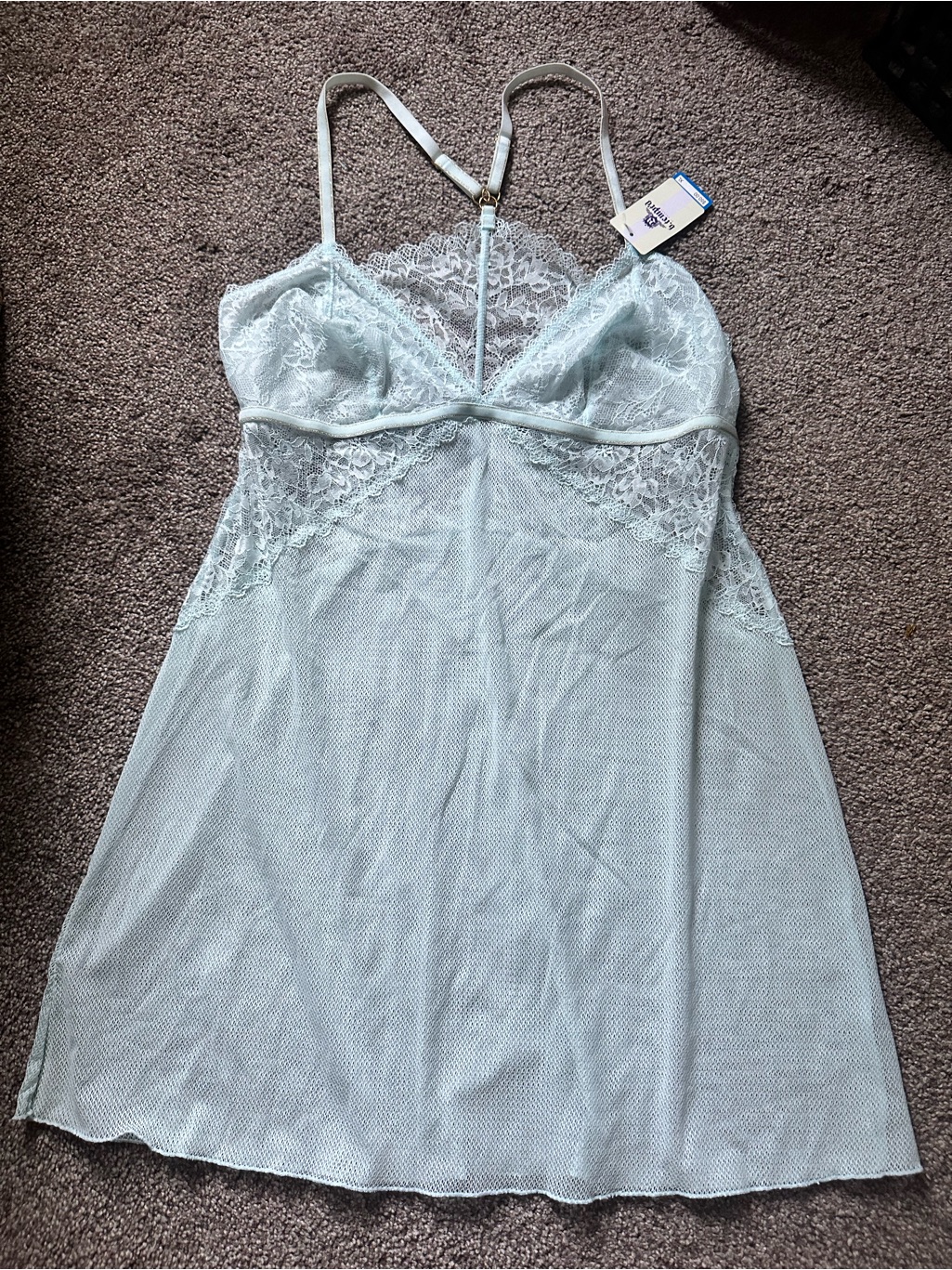 Sheer Lace-Trim Chemise In Pale Blue With Adjustable Straps